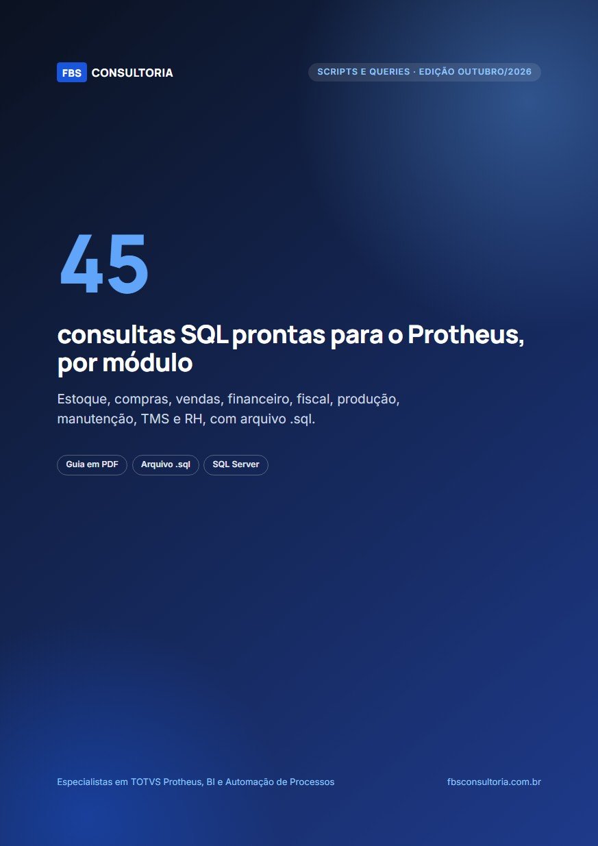 Capa: Consultas SQL prontas para o Protheus: pacote com guia e arquivo .sql